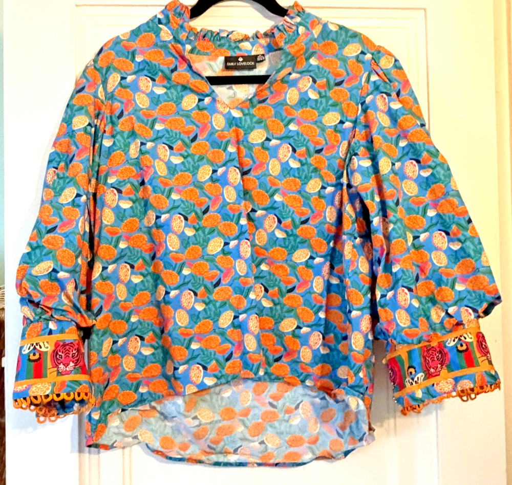 Emily Lovelock Orange & Blue Patterened Blouse with Matching Shorts size XL